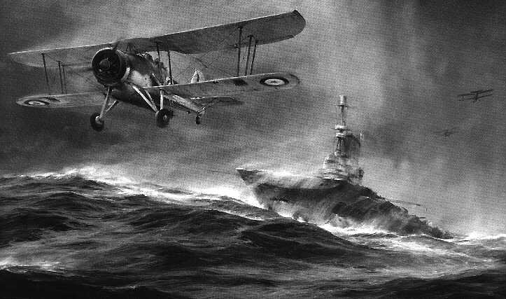 Eine Swordfish startet von der Ark Royal zum Angriff auf die Bismarck